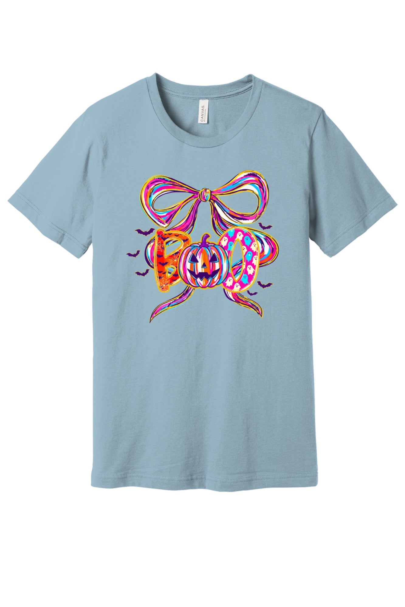 BOO Halloween graphic unisex tee with jack-o'-lantern, ghosts, bats and ribbon bow – BELLA+CANVAS 3001 in Light Blue