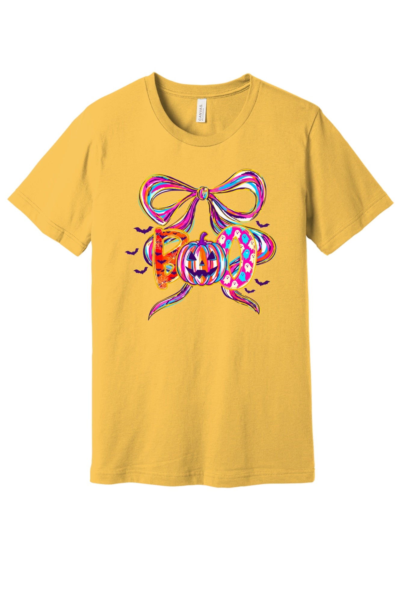 BOO Halloween graphic unisex tee with jack-o'-lantern, ghosts, bats and ribbon bow – BELLA+CANVAS 3001 in Maize Yellow