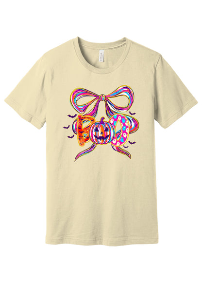BOO Halloween graphic unisex tee with jack-o'-lantern, ghosts, bats and ribbon bow – BELLA+CANVAS 3001 in Natural