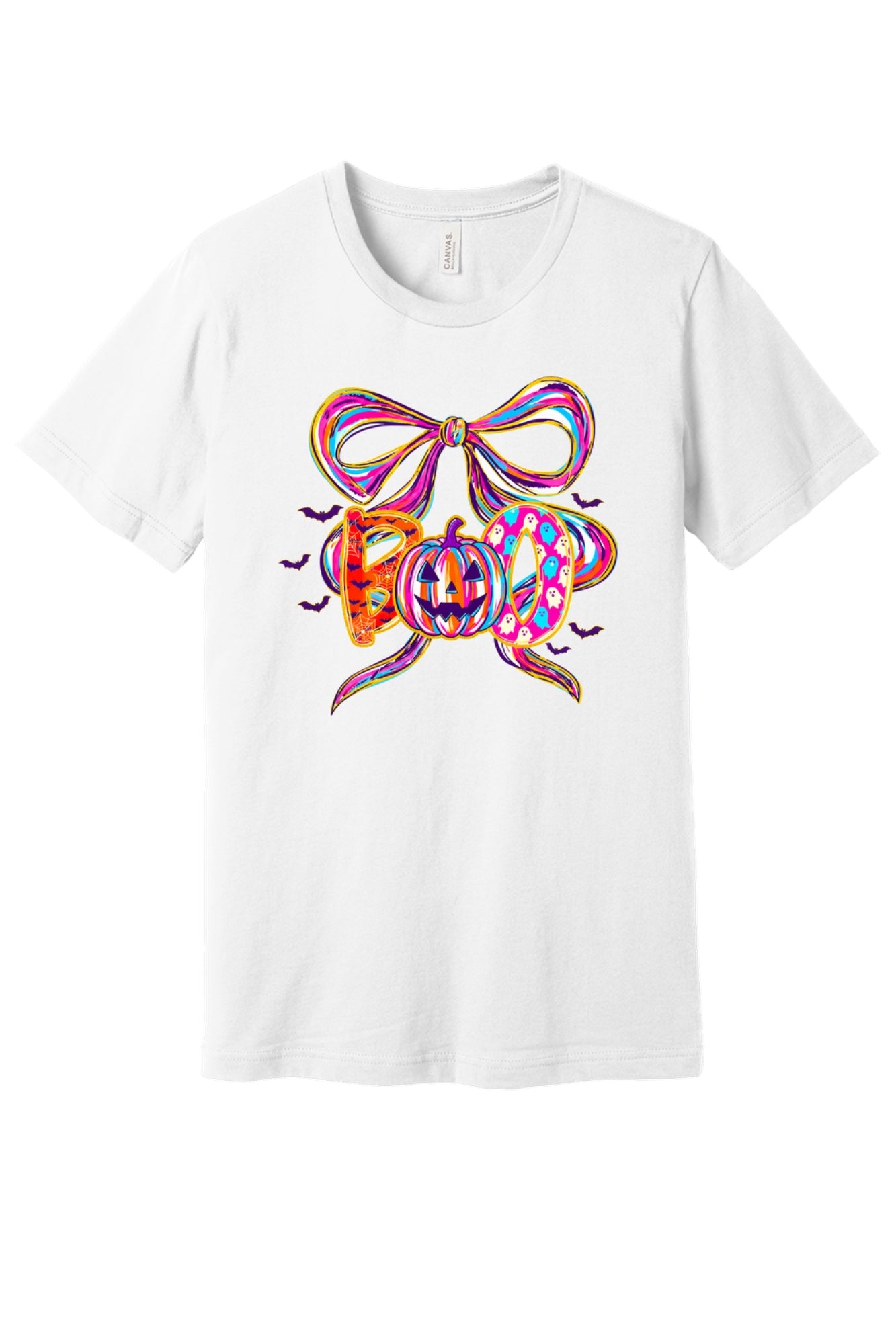 BOO Halloween graphic unisex tee with jack-o'-lantern, ghosts, bats and ribbon bow – BELLA+CANVAS 3001 in White