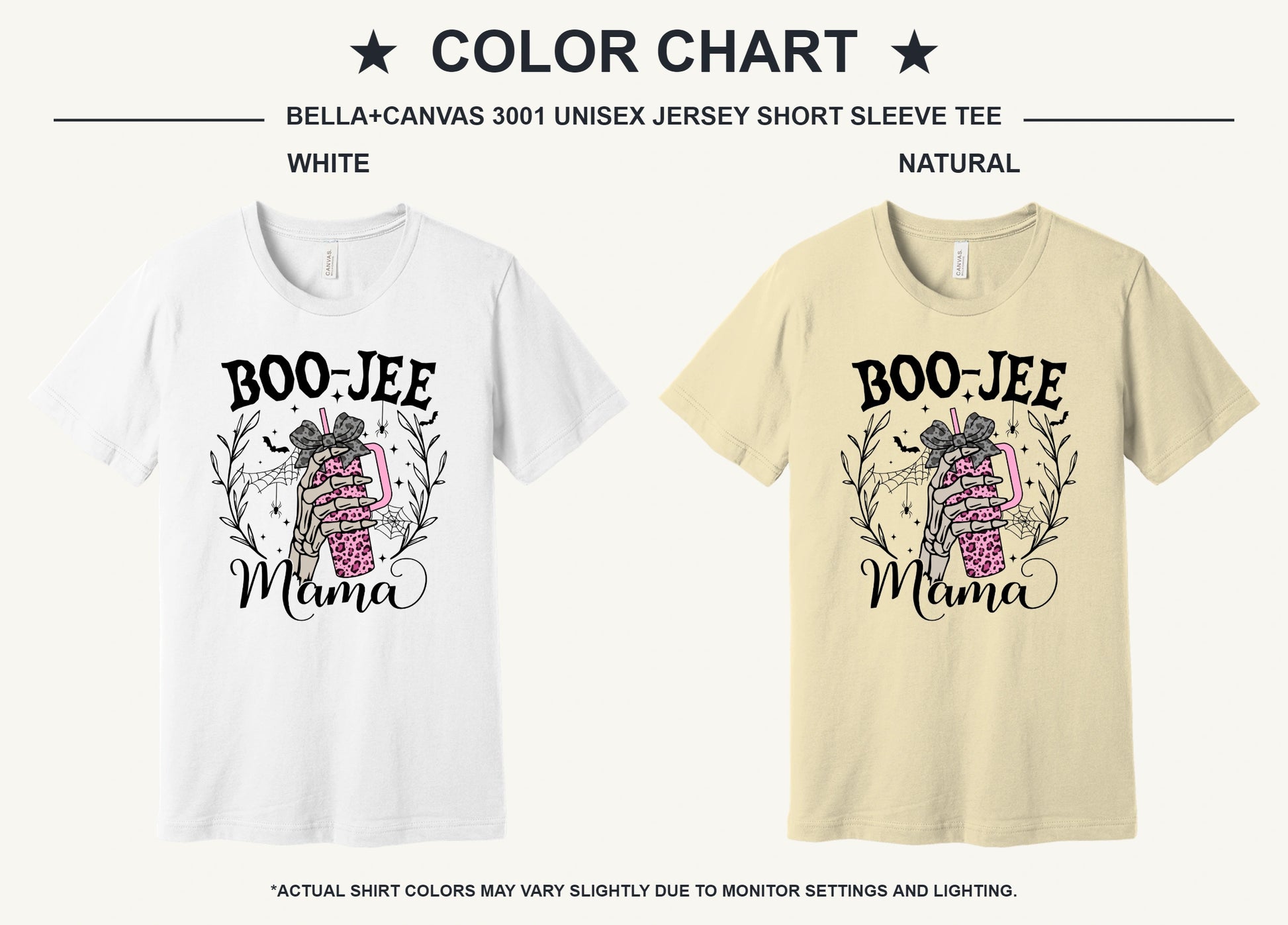 BOO-JEE Mama Halloween unisex tee with skeleton hand holding pink leopard tumbler, bats and spiders, BELLA+CANVAS 3001 - available shirt colors chart