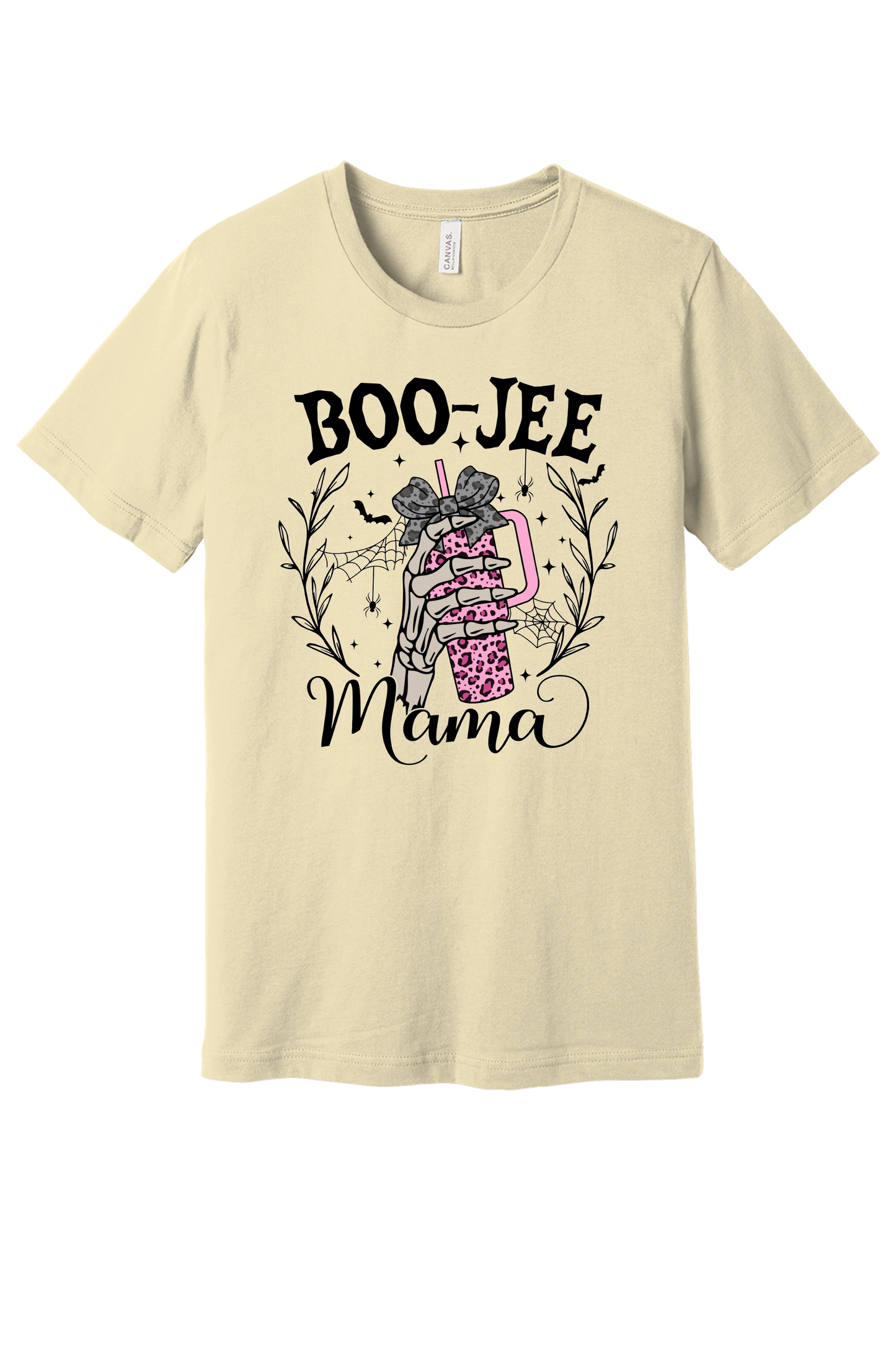 BOO-JEE Mama Halloween unisex tee with skeleton hand holding pink leopard tumbler, bats and spiders, BELLA+CANVAS 3001 in Natural