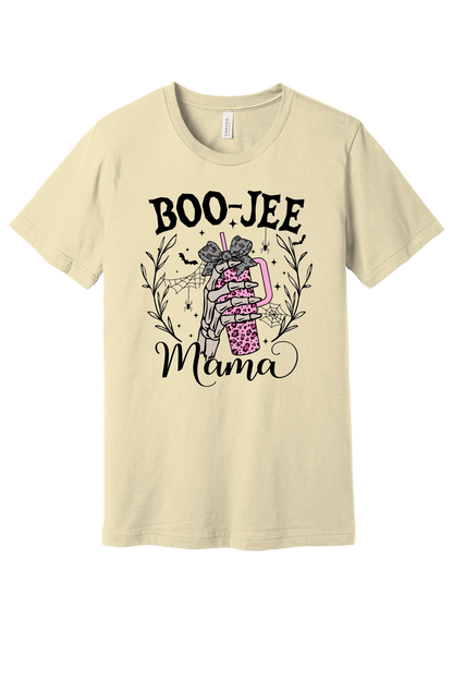 BOO-JEE Mama Halloween unisex tee with skeleton hand holding pink leopard tumbler, bats and spiders, BELLA+CANVAS 3001 in Natural