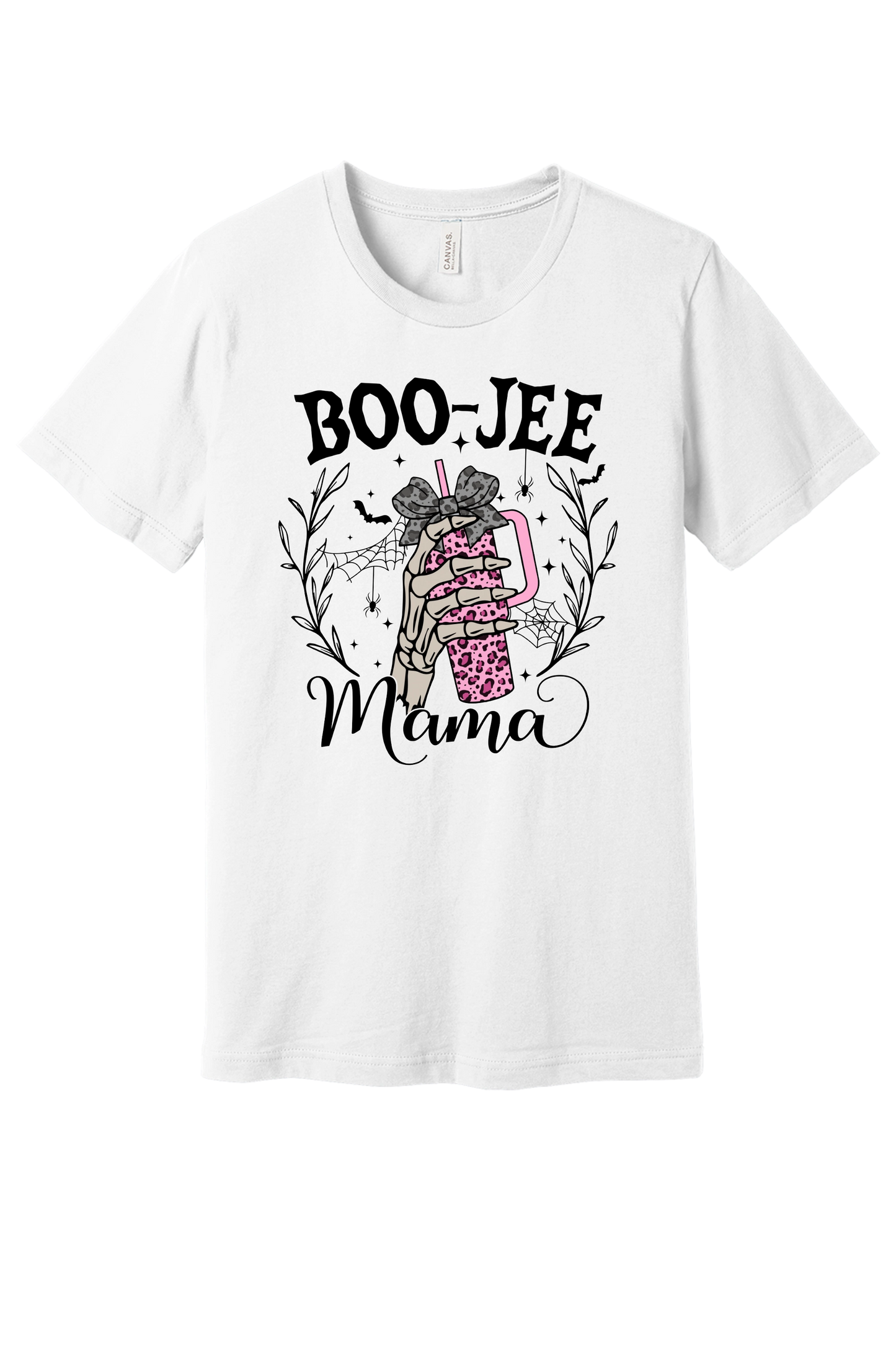 BOO-JEE Mama Halloween unisex tee with skeleton hand holding pink leopard tumbler, bats and spiders, BELLA+CANVAS 3001 in White