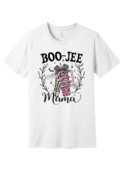 BOO-JEE Mama Halloween unisex tee with skeleton hand holding pink leopard tumbler, bats and spiders, BELLA+CANVAS 3001 in White