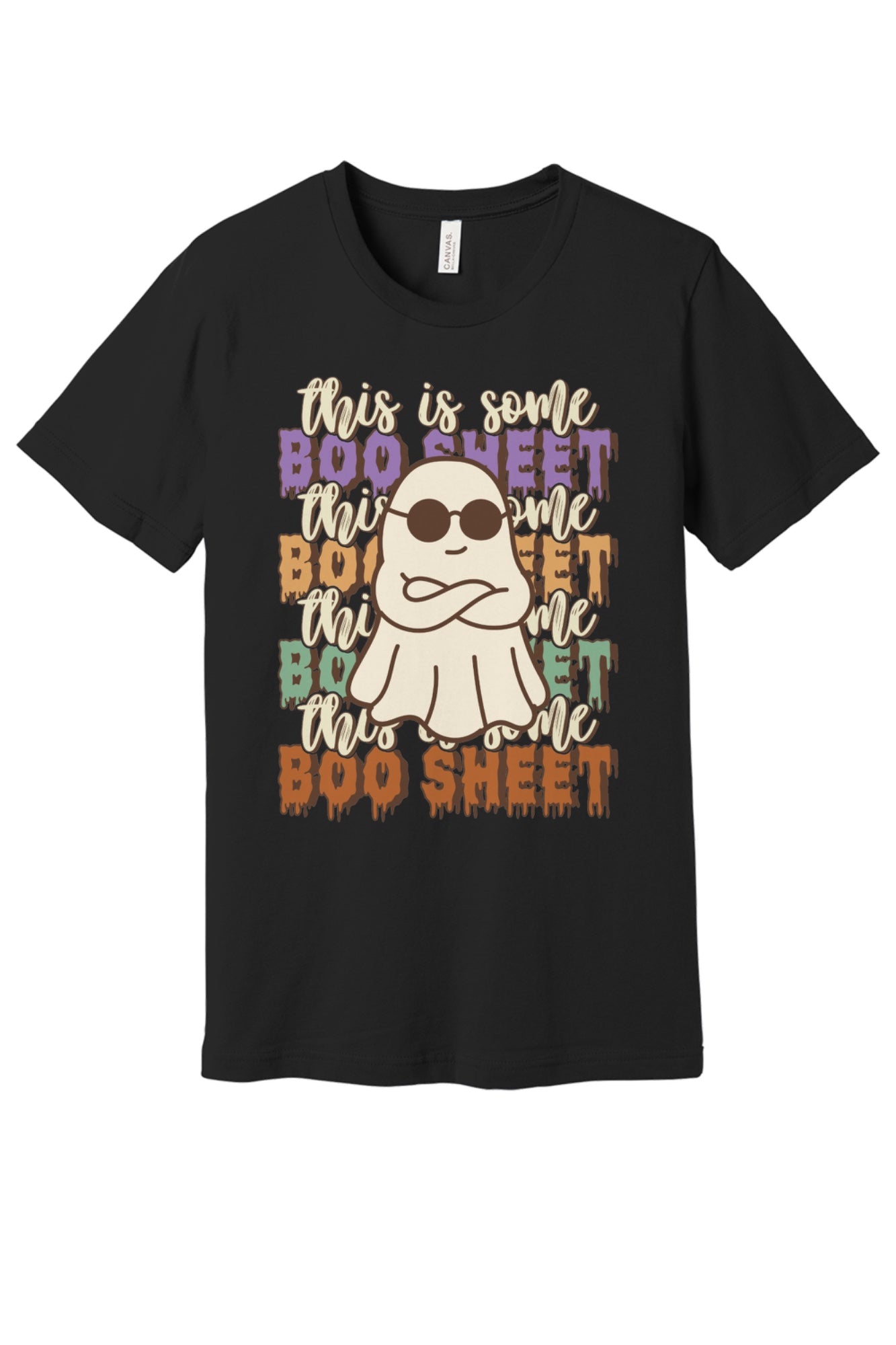This Is Some Boo Sheet funny ghost sunglasses Halloween unisex tee with retro dripping lettering in Black