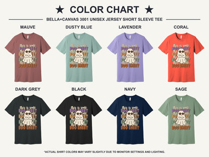 This Is Some Boo Sheet funny ghost sunglasses Halloween unisex tee with retro dripping lettering - available shirt colors chart