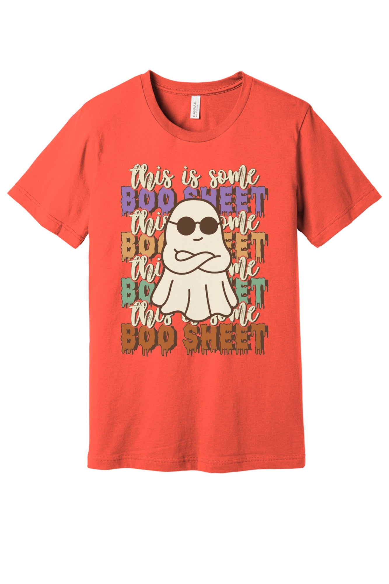 This Is Some Boo Sheet funny ghost sunglasses Halloween unisex tee with retro dripping lettering in Coral