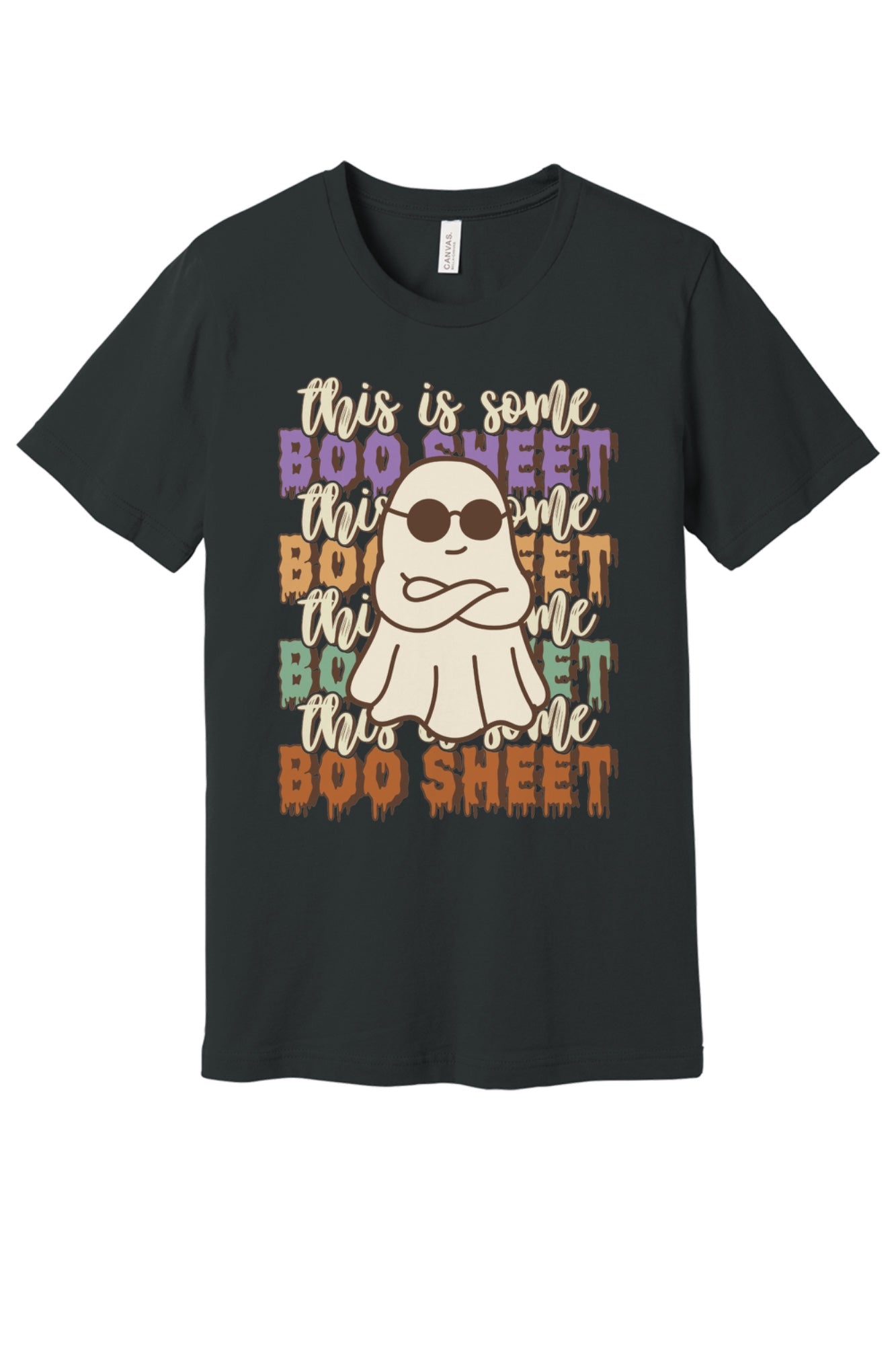 This Is Some Boo Sheet funny ghost sunglasses Halloween unisex tee with retro dripping lettering in Dark Grey