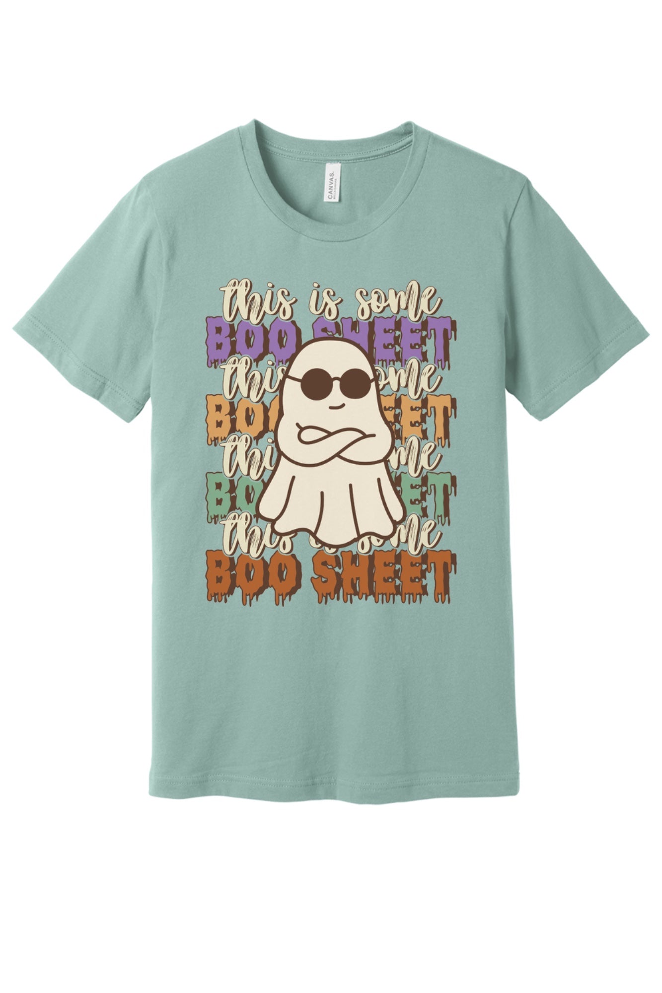 This Is Some Boo Sheet funny ghost sunglasses Halloween unisex tee with retro dripping lettering in Dusty Blue