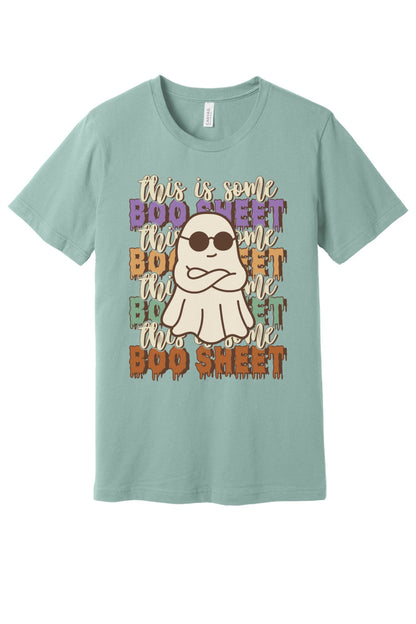 This Is Some Boo Sheet funny ghost sunglasses Halloween unisex tee with retro dripping lettering in Dusty Blue