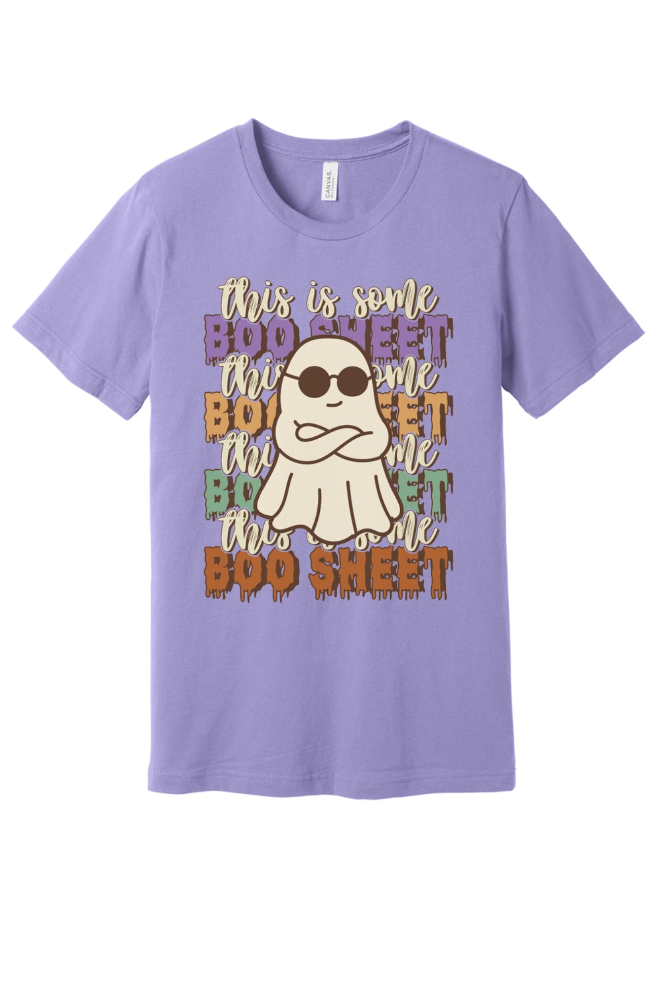 This Is Some Boo Sheet funny ghost sunglasses Halloween unisex tee with retro dripping lettering in Lavender