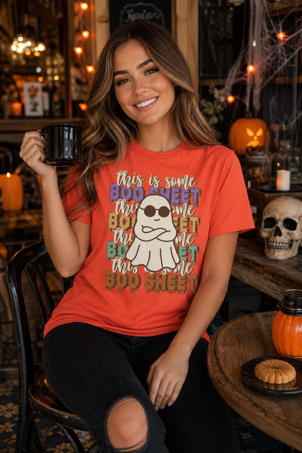 This Is Some Boo Sheet funny ghost sunglasses Halloween unisex tee with retro dripping lettering worn by a model