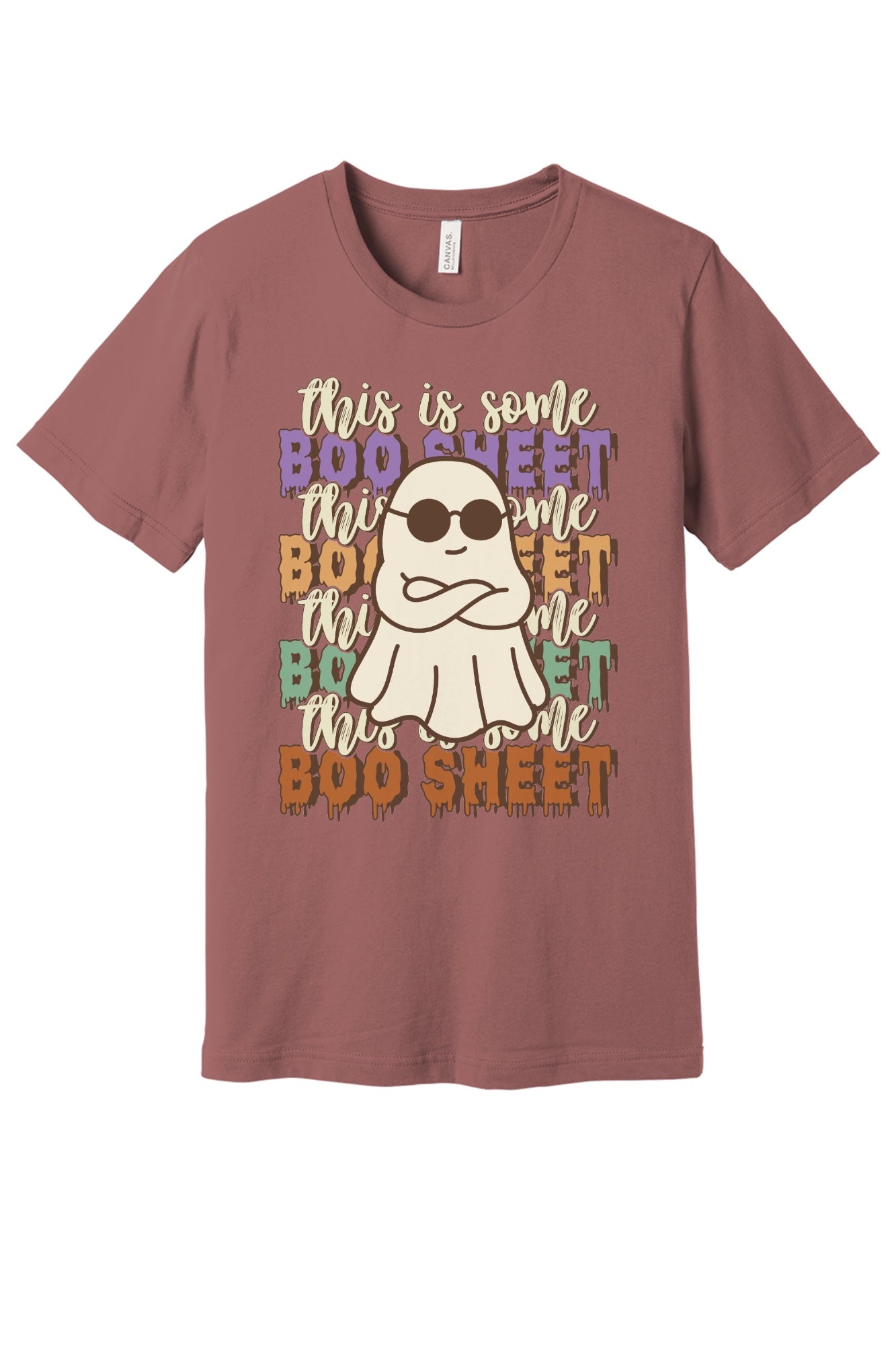 This Is Some Boo Sheet funny ghost sunglasses Halloween unisex tee with retro dripping lettering in Mauve