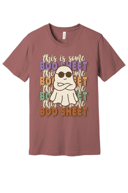 This Is Some Boo Sheet funny ghost sunglasses Halloween unisex tee with retro dripping lettering in Mauve