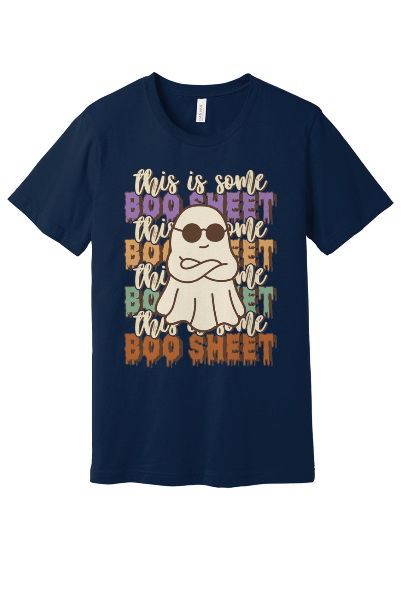 This Is Some Boo Sheet funny ghost sunglasses Halloween unisex tee with retro dripping lettering in Navy