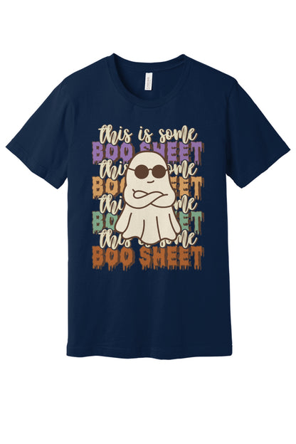 This Is Some Boo Sheet funny ghost sunglasses Halloween unisex tee with retro dripping lettering in Navy
