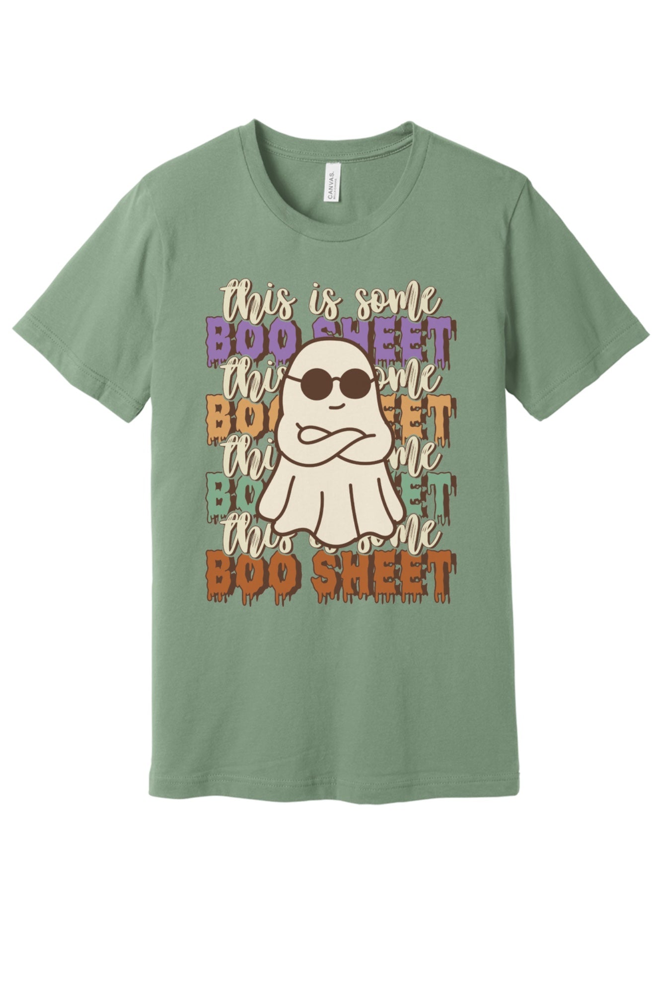 This Is Some Boo Sheet funny ghost sunglasses Halloween unisex tee with retro dripping lettering in Sage