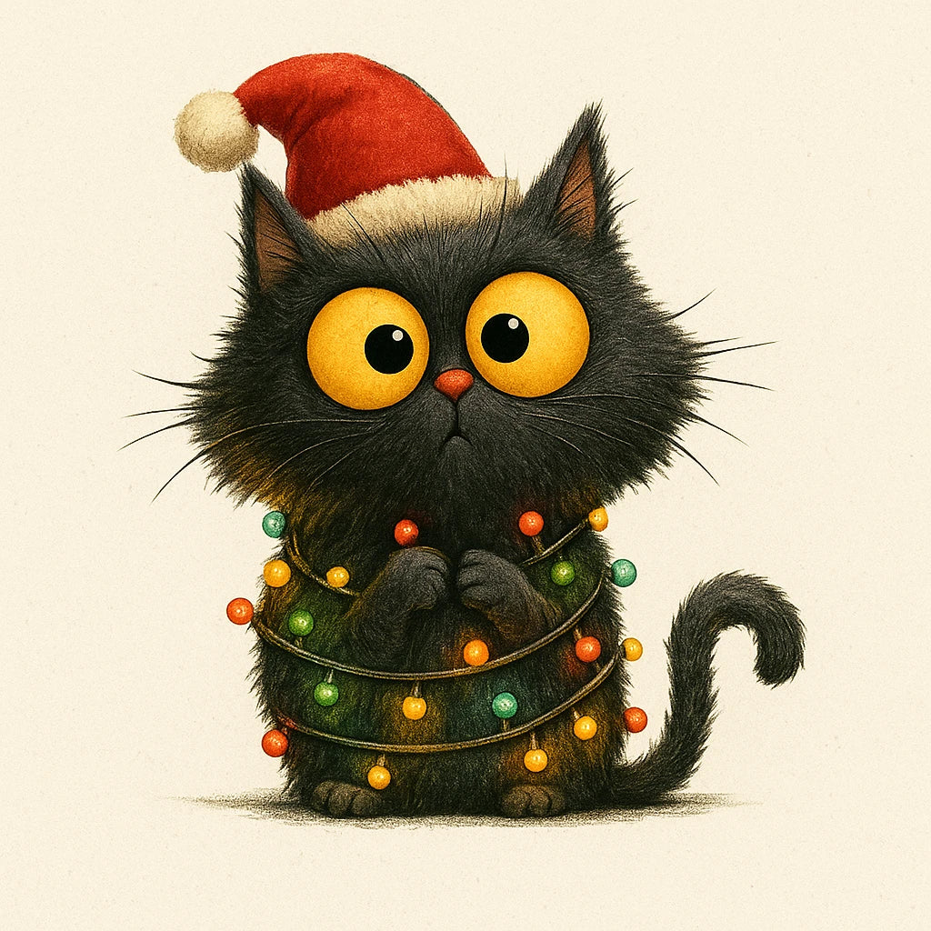 Christmas Black Cat with Santa Hat – Festive Holiday Artwork