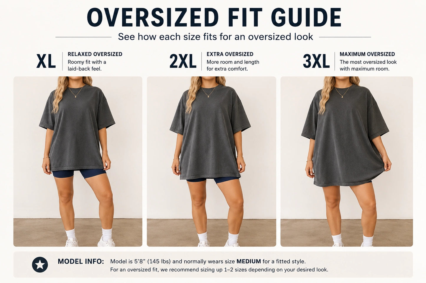 Oversized fit guide showing XL 2XL and 3XL t-shirt sizing comparison on model for relaxed oversized look