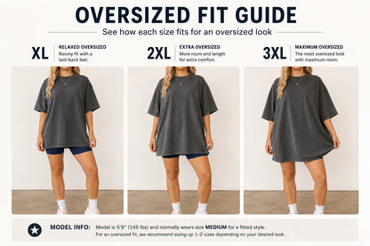 Oversized fit guide showing XL 2XL and 3XL t-shirt sizing comparison on model for relaxed oversized look