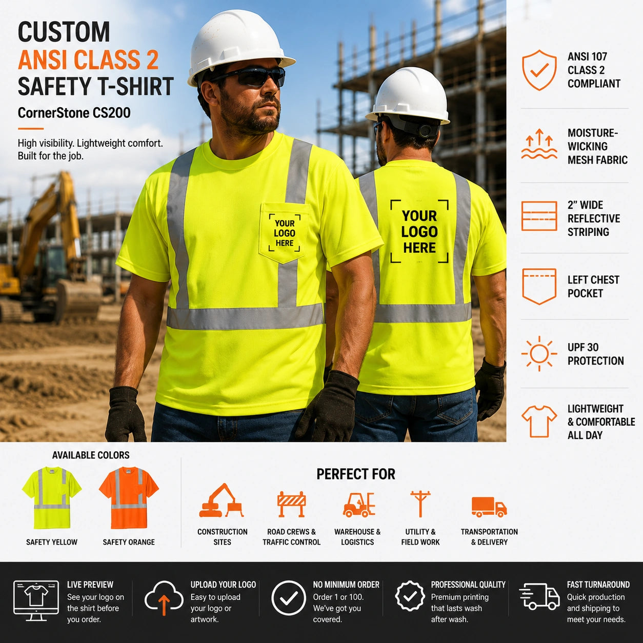 CornerStone CS200 ANSI Class 2 safety t-shirt features including reflective striping, moisture-wicking mesh fabric, UPF 30 protection, and custom logo printing