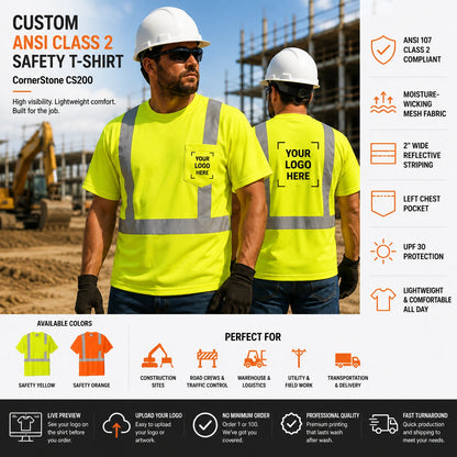 CornerStone CS200 ANSI Class 2 safety t-shirt features including reflective striping, moisture-wicking mesh fabric, UPF 30 protection, and custom logo printing