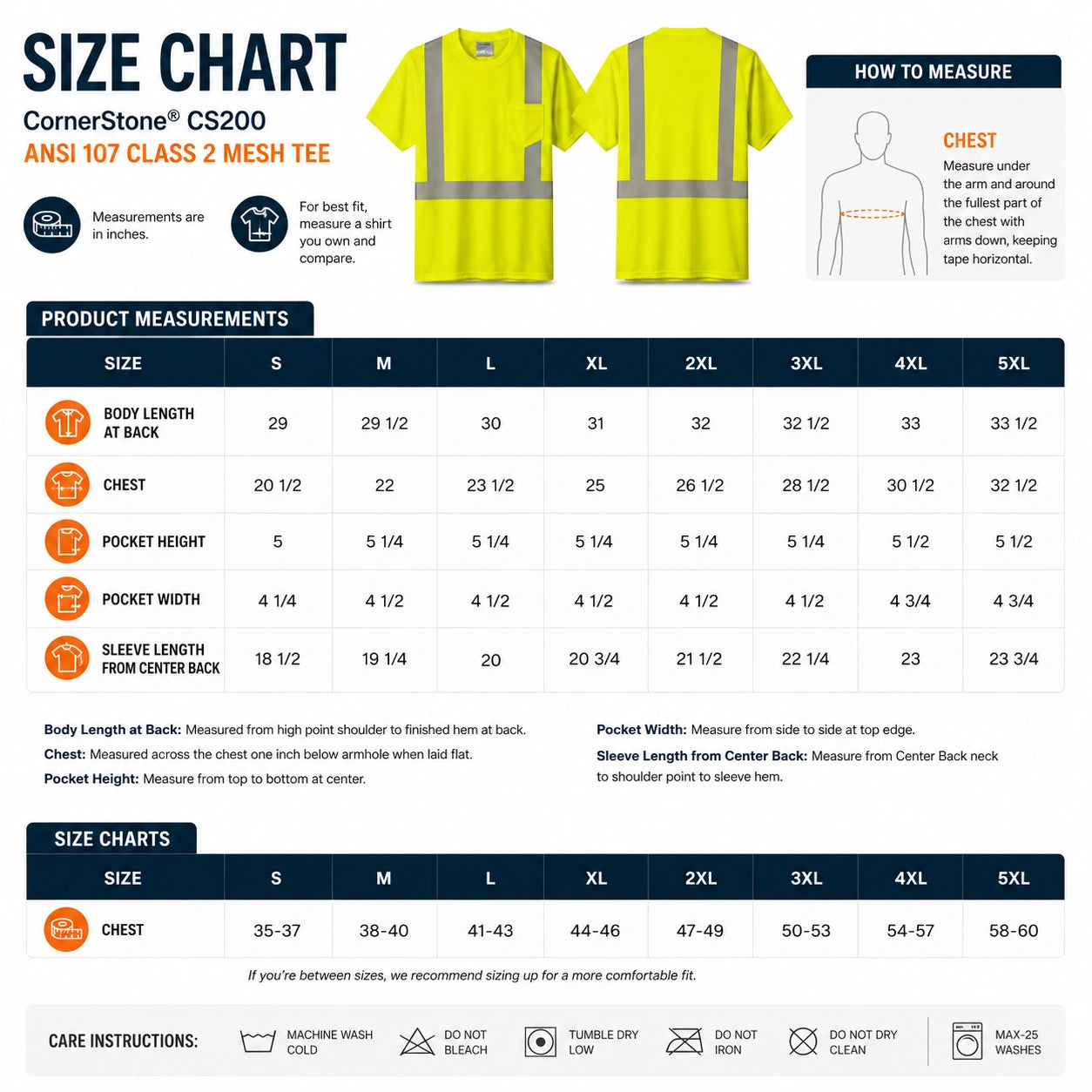 CornerStone CS200 ANSI Class 2 safety shirt size chart with chest measurements, body length, sleeve length, and sizing information from S through 5XL