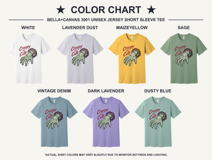 Creepy but Cute zombie hand thorn crown spiderweb Halloween graphic tee on white shirt - available shirt colors chart