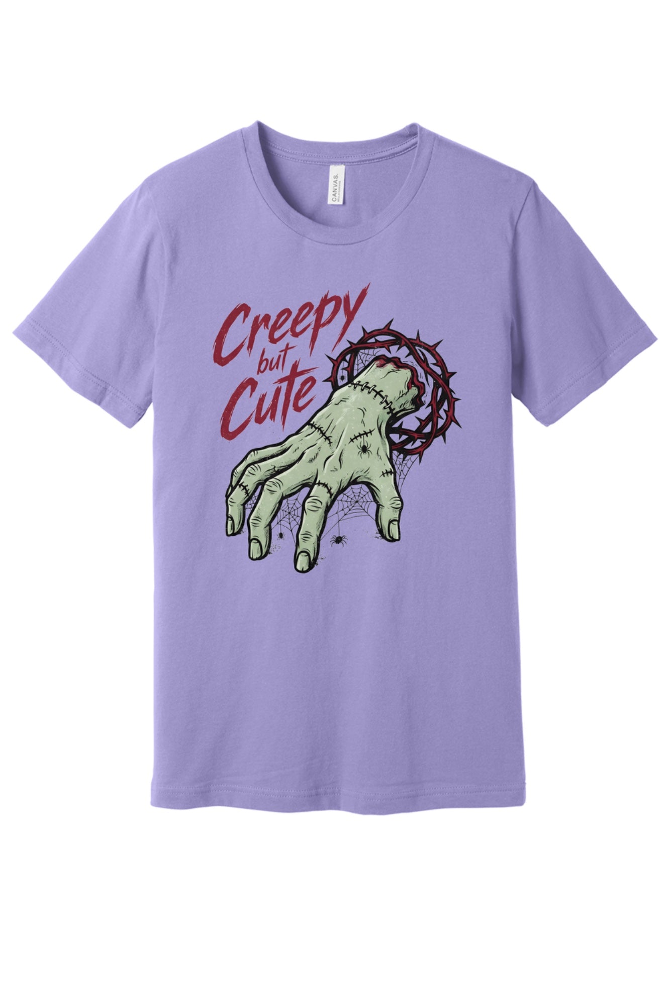 Creepy but Cute zombie hand thorn crown spiderweb Halloween graphic tee on white shirt in Dark Lavender