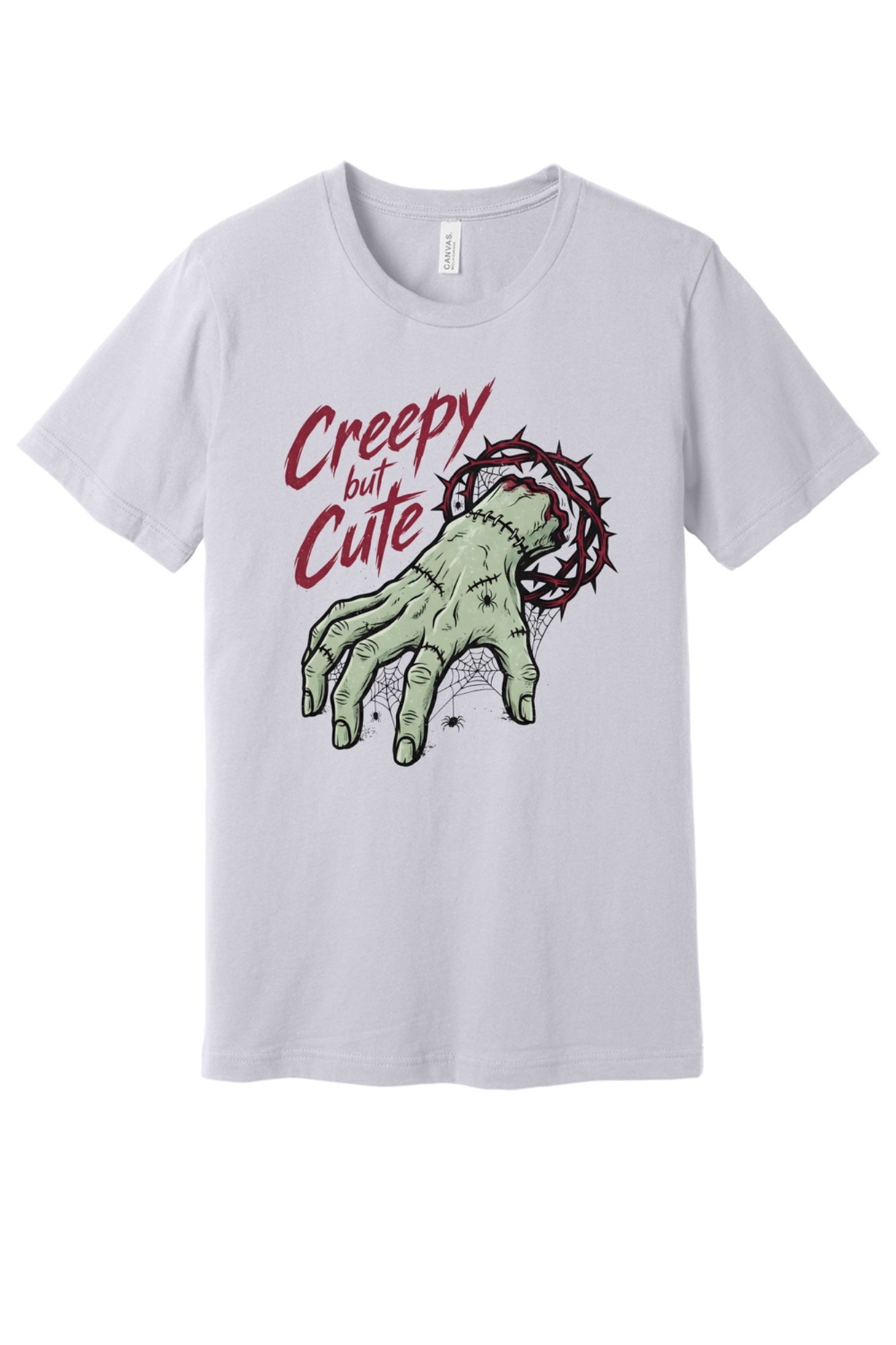 Creepy but Cute zombie hand thorn crown spiderweb Halloween graphic tee on white shirt in Lavender Dust
