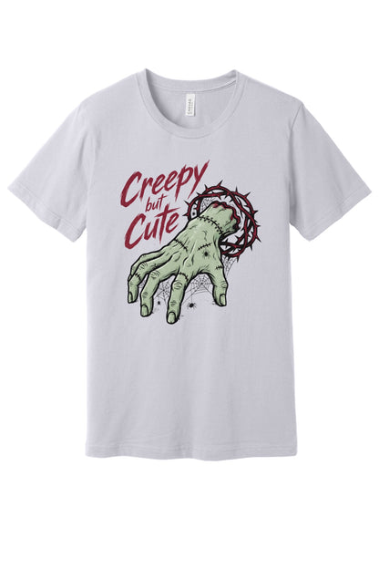 Creepy but Cute zombie hand thorn crown spiderweb Halloween graphic tee on white shirt in Lavender Dust