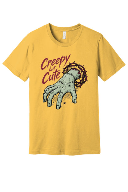 Creepy but Cute zombie hand thorn crown spiderweb Halloween graphic tee on white shirt in Maizeyellow