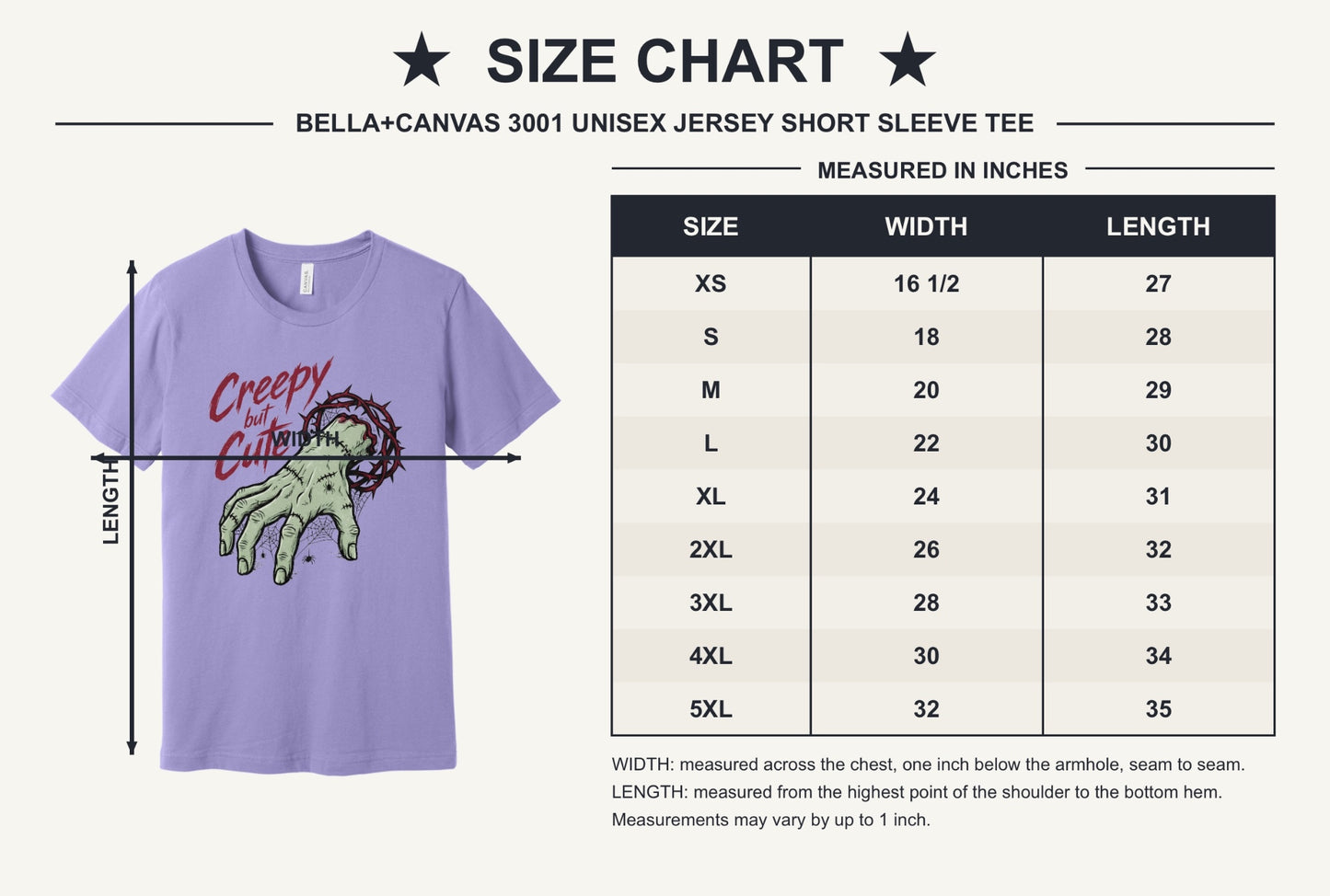 Creepy but Cute zombie hand thorn crown spiderweb Halloween graphic tee on white shirt - size chart