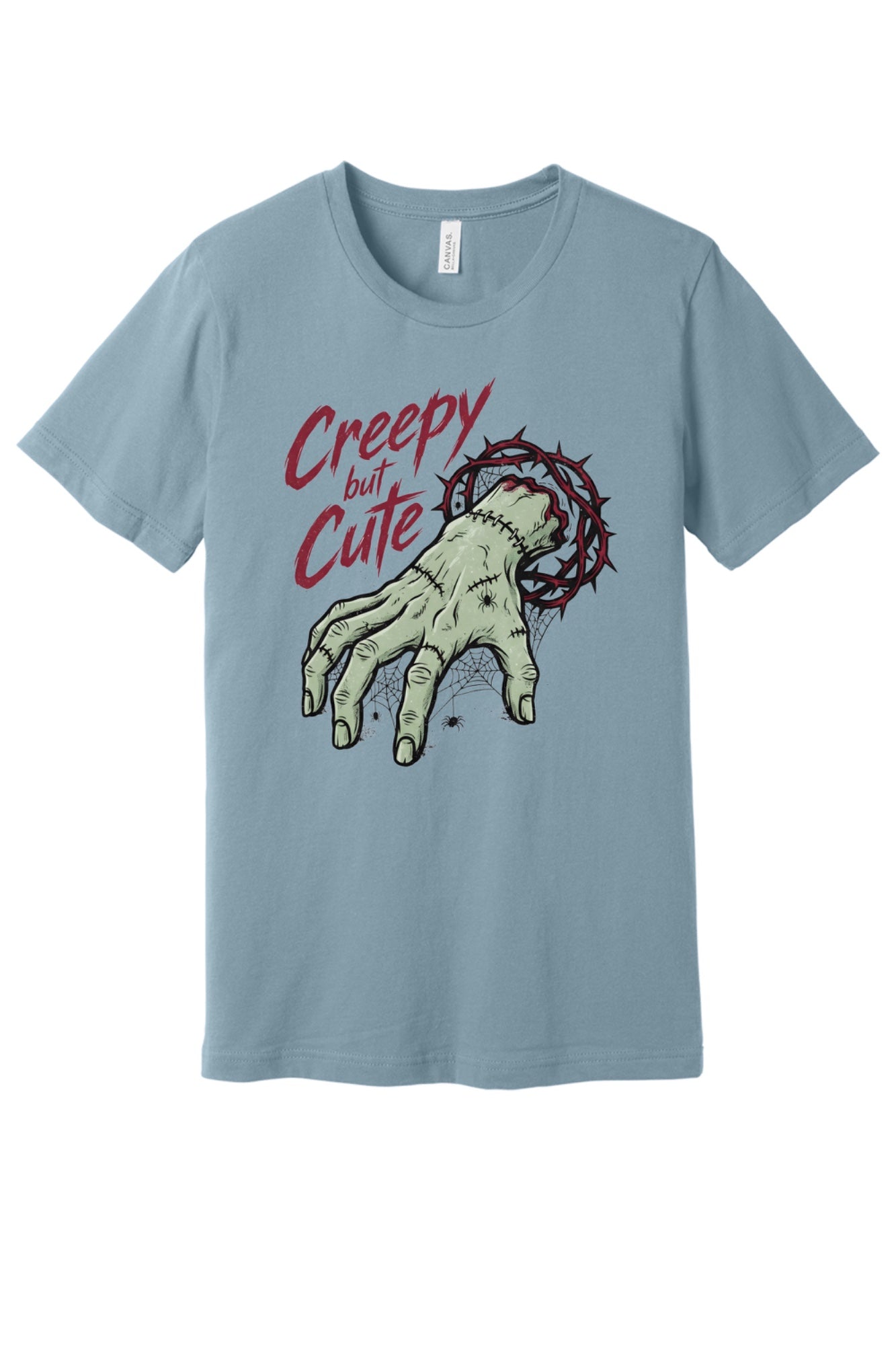 Creepy but Cute zombie hand thorn crown spiderweb Halloween graphic tee on white shirt in Vintage Denim