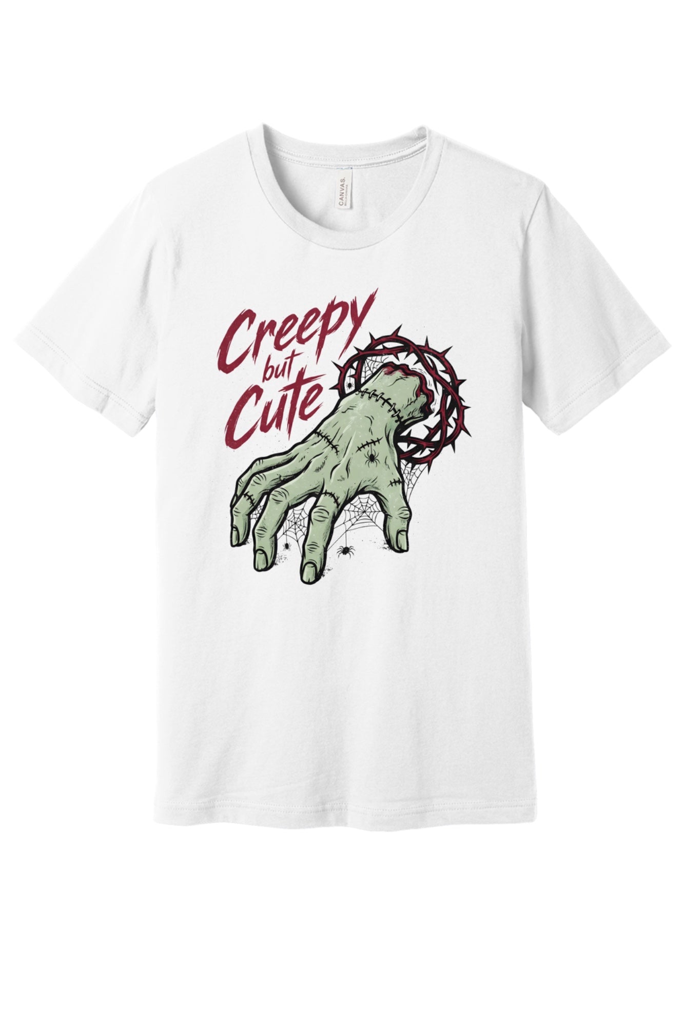 Creepy but Cute zombie hand thorn crown spiderweb Halloween graphic tee on white shirt in White