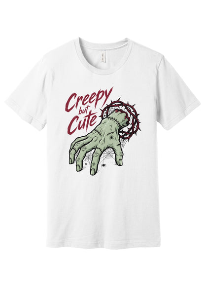 Creepy but Cute zombie hand thorn crown spiderweb Halloween graphic tee on white shirt in White