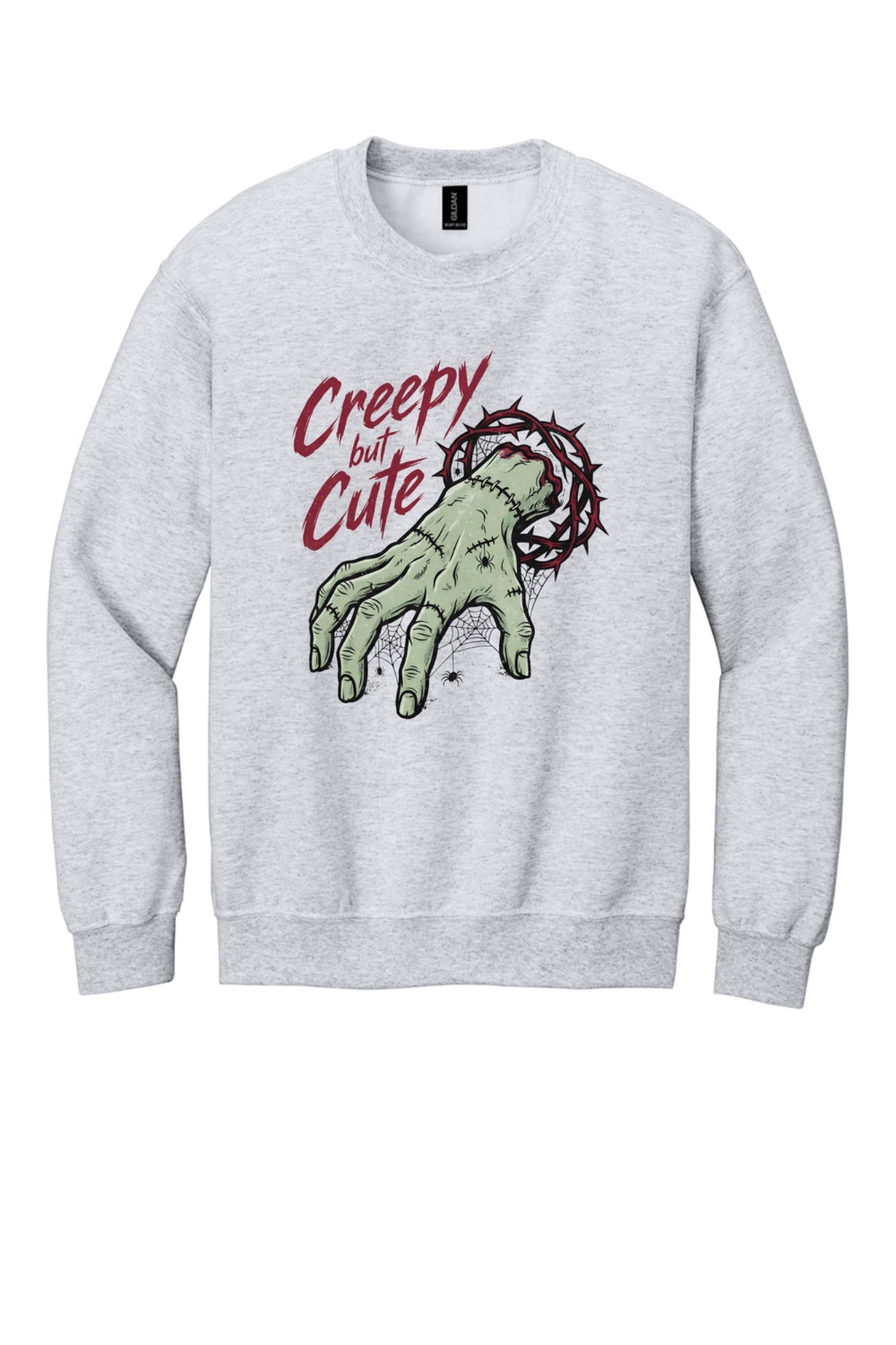 Creepy But Cute zombie hand thorn crown spiderweb Halloween DTF printed crewneck sweatshirt in Ash