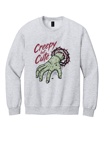 Creepy But Cute zombie hand thorn crown spiderweb Halloween DTF printed crewneck sweatshirt in Ash