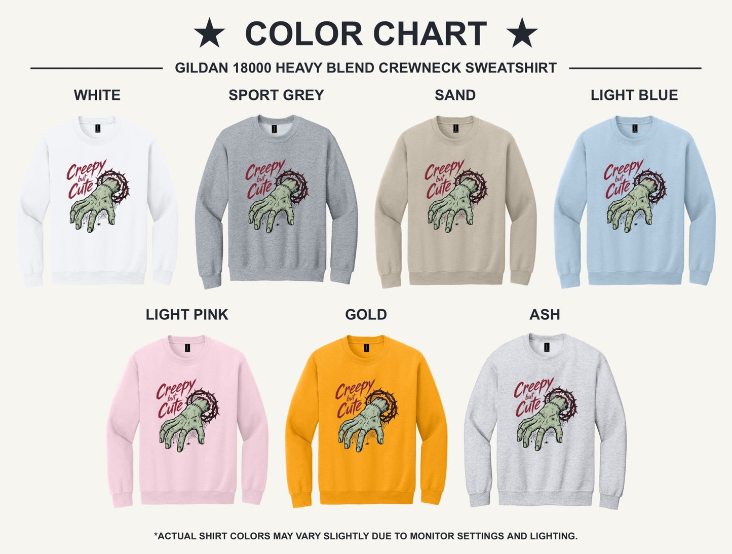Creepy But Cute zombie hand thorn crown spiderweb Halloween DTF printed crewneck sweatshirt - available shirt colors chart