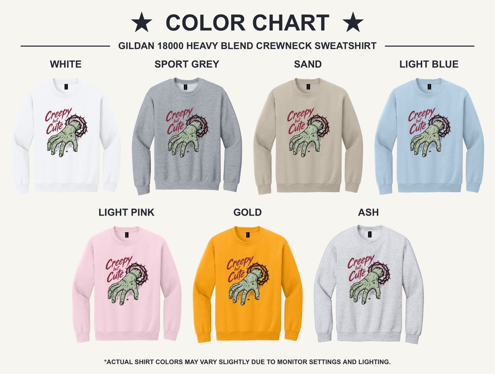 Creepy But Cute zombie hand thorn crown spiderweb Halloween DTF printed crewneck sweatshirt - available shirt colors chart