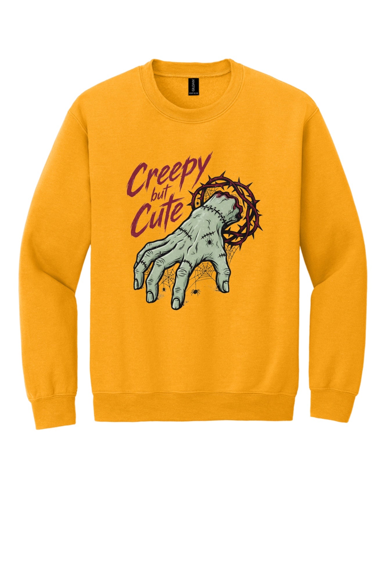 Creepy But Cute zombie hand thorn crown spiderweb Halloween DTF printed crewneck sweatshirt in Gold
