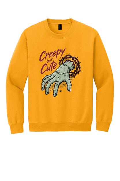 Creepy But Cute zombie hand thorn crown spiderweb Halloween DTF printed crewneck sweatshirt in Gold