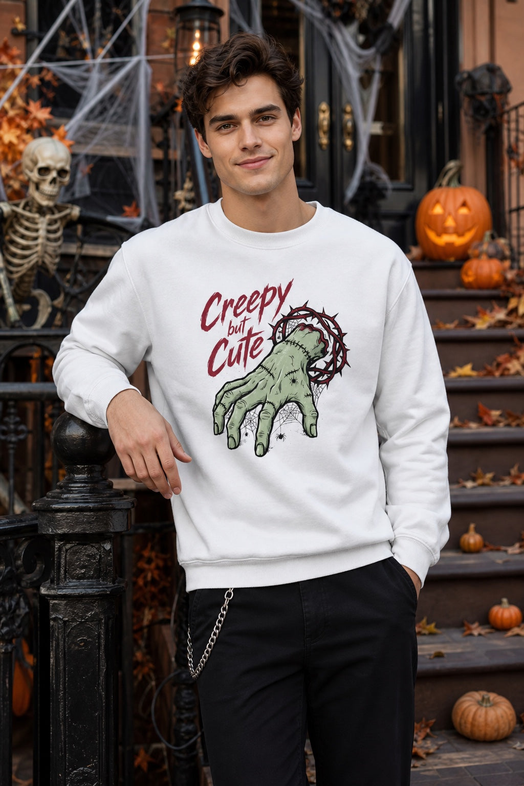 Creepy But Cute zombie hand thorn crown spiderweb Halloween DTF printed crewneck sweatshirt worn by a model