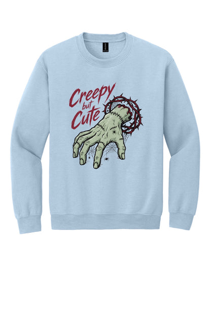 Creepy But Cute zombie hand thorn crown spiderweb Halloween DTF printed crewneck sweatshirt in Light Blue