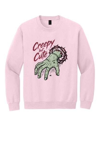 Creepy But Cute zombie hand thorn crown spiderweb Halloween DTF printed crewneck sweatshirt in Light Pink