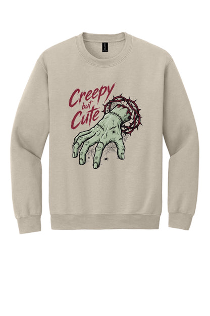 Creepy But Cute zombie hand thorn crown spiderweb Halloween DTF printed crewneck sweatshirt in Sand
