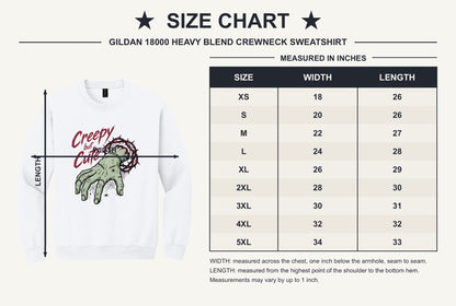 Creepy But Cute zombie hand thorn crown spiderweb Halloween DTF printed crewneck sweatshirt - size chart