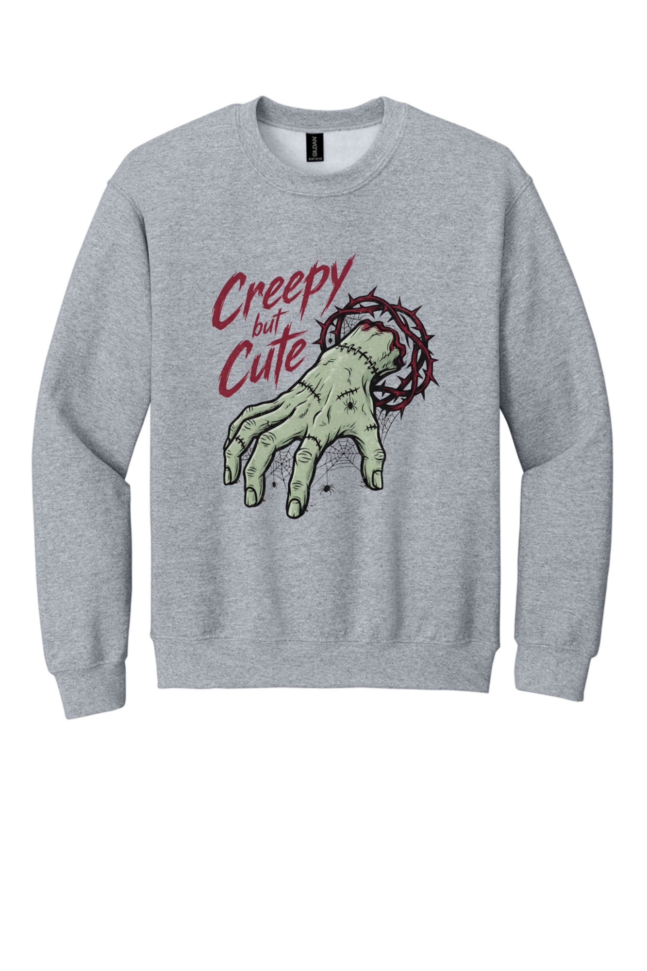 Creepy But Cute zombie hand thorn crown spiderweb Halloween DTF printed crewneck sweatshirt in Sport Grey