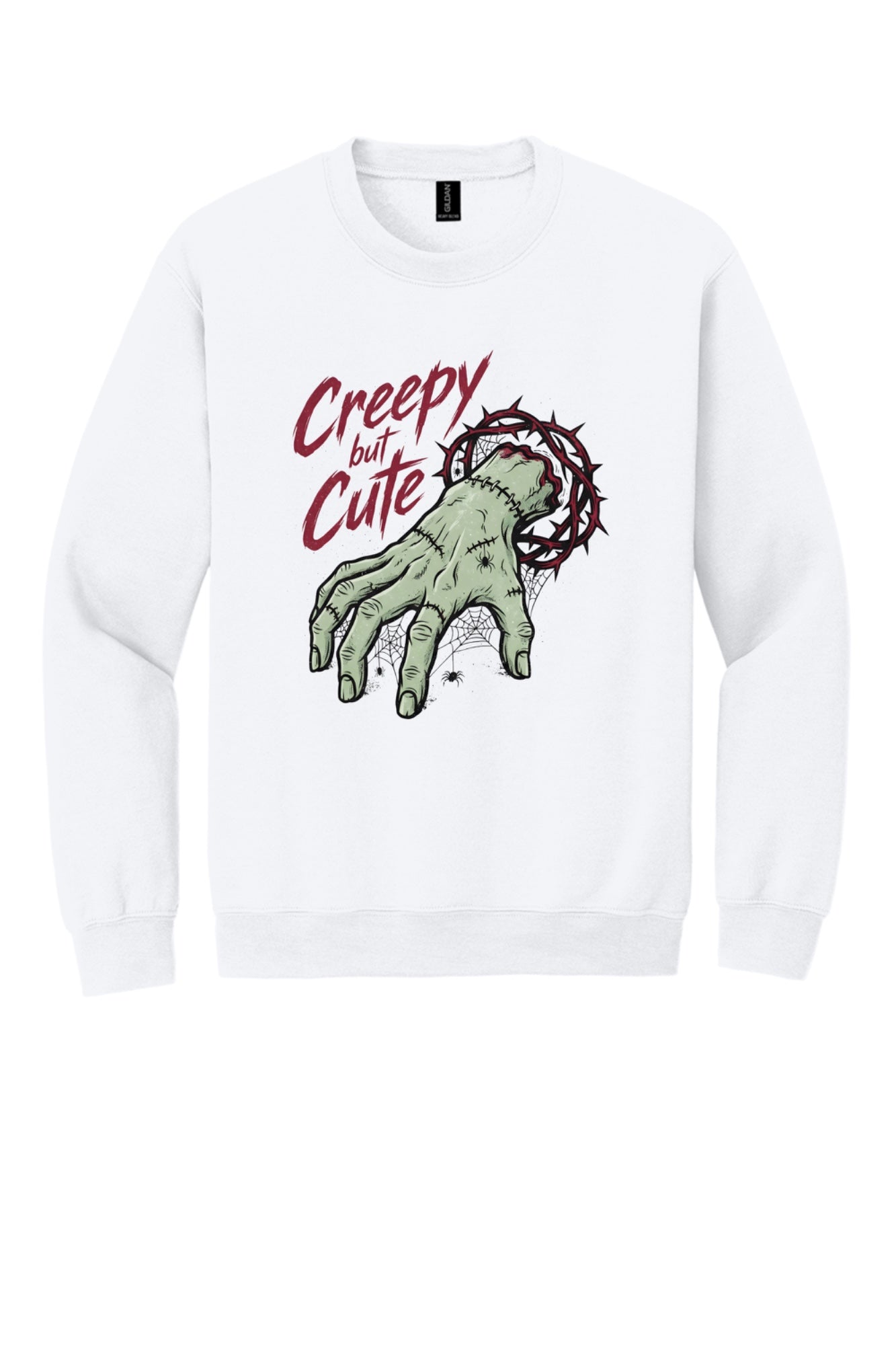 Creepy But Cute zombie hand thorn crown spiderweb Halloween DTF printed crewneck sweatshirt in White